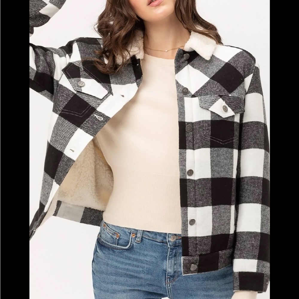 NWT Love Tree Black and White Checkered fuzzy sheer long collar boxy jacket